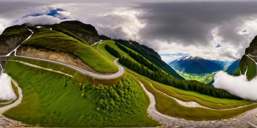 A flawless, high-resolution masterpiece capturing a lush green hillside sloping down to a paved road, with a meandering stream on the other side bordered by small stones, leading towards distant mountains with snow-capped peaks.