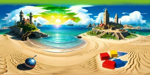 VR360, ultra-high resolution, masterpiece view: Sunset beach, chessboard in sand, Superman and Batman figurine pieces. Scattered beer bottles, hint of comic-style, Pixar-like