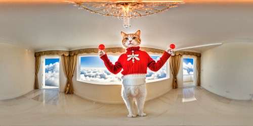 A meticulously detailed digital artwork of an elegant white room sunlit, showcasing a chic cat wearing a stylish red ripped sweater, gleefully enjoying a lollipop and bubble gun under a crystal chandelier, creating a whimsical and sophisticated atmosphere, ultra high-res.