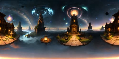 Ultra high-res VR360 wizard's tower pinnacle, witch's hut at forest edge, animated constellations, fantasy style. Brilliantly-colored sky, vibrant ethereal swirls, orbs radiating mystically, enchanted artifact glimmers. Spellbinding celestial bodies, masterpiece skybox.