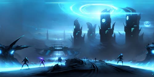 four african american women with dreadlocks and wearing dark blue bikinis. they are warriors running to fight a giant robotic spider. the spider is blue and black. castles are in the background. witches carrying staffs with energy.