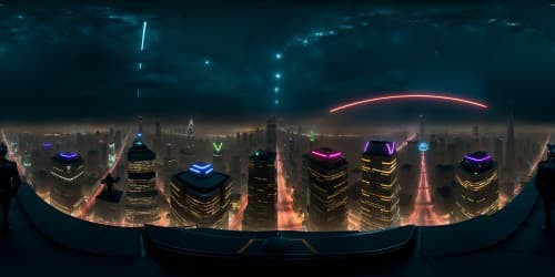 Ultra high-resolution VR360 panorama, cityscape under starlit night sky, luminescent neon skyline mirroring in glossy, rain-slicked streets. Masterpiece depiction, dapper leather suit, gleaming under city lights, unoccupied, standing alone. Pixar-style, surreal blend of realism and fantasy.