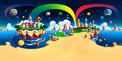 Pixel-art perfection, VR360 Super Mario World, bright primary colors pulsating. Iconic warp pipes, floating platforms, power-up blocks. Whimsical clouds, starry sky backdrop, cartoony aesthetics. Maximum resolution, vibrant hues, colossal VR360 panorama. Superb detail, Nintendo-style landscape. Masterpiece gaming world.