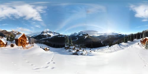 Magnificent VR360 snowy mountain peak, ultra high-res, wooden lodge, masterpiece architecture. Majestic white-capped mountains, powdery snow blanketing. Cozy alpine lodge, intricate woodwork, fantasy art style. Captivating VR360 spectacle, enchanting winter's magic.