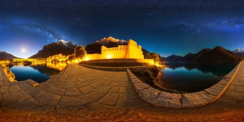 An enchanting moonlit landscape with a shimmering river, majestic mountains, ancient ruins, and a sky filled with twinkling stars; an awe-inspiring spectacle captured in flawless, ultra-high resolution under the cloak of a serene night.