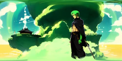 one piece character Zoro(in grean cloak) green hair 