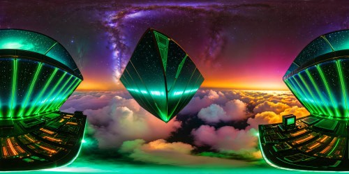 Iridescent circuit boards, glowing with emerald lights, form a mesmerizing, futuristic display in a vast, dark chamber under a celestial canopy of shimmering stars.