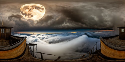 An immersive, ultra high-resolution VR360 experience in a Silent Hill inspired setting, where mist swirls around decaying structures under an ominous sky, its dark clouds ominously veiled, the moon casting an eerie glow, creating a photo-realistic masterpiece with a touch of horror.