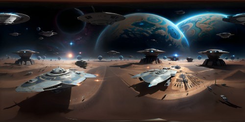 VR360 scene: Ultra-high resolution, Star Wars universe inspiration. Azure nebulae backdrop, fleets of Star Destroyers silhouetted. Tatooine twin suns descending, Coruscant skyline flickering afar. Millennium Falcon replica zooming across the scene. Style: Impressionist digital painting with Pixar-like touches.