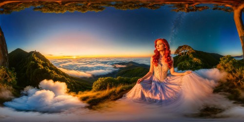 A flawless, high-definition scene capturing a statuesque red-headed woman seated gracefully on a lush hill beneath a sprawling tree, gazing with wonder at the dazzling starlit sky above, a perfect blend of serene beauty and cosmic grandeur.