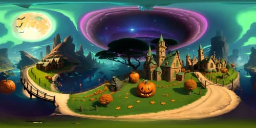 Ultra high-res VR360 view, Zootopia-inspired Halloween style, superior quality artistry, massive pumpkin carvings, backlit by moonlight, VR360 perspectives of ghoulish anthropomorphic city structures, no humans or animals, eerie autumn hues dominating