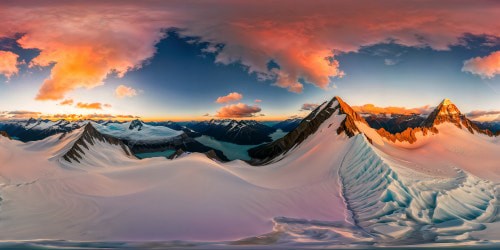 Sprawling snow-covered mountain range at sunrise with a flawless pink and orange sky, sharp icy peaks, frozen serene lakes, glowing golden sunlight reflecting on the pristine snow, massive glaciers, ultra high resolution, an artist's masterpiece.