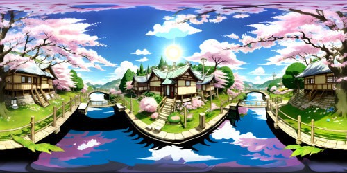 Anime manga-inspired masterpiece, VR360 immersion, high resolution. Blossoming cherry blossom trees, star-filled skies, fluffy clouds. Floating lanterns, scenic mountain backdrop, picturesque river. Ultra-quality aesthetic, vibrant colors, detailed shading, VR360 anime experience.