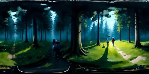 2 boys with black cat in dark rainy forest