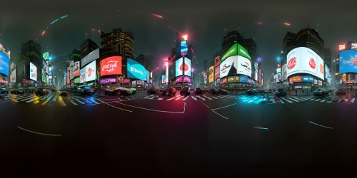 Times Square VR360 view, streets devoid of humans, vehicles, towering billboards, dominating Coca-Cola ad, ultra high res, NYC architecture, nighttime skyline. Display of mesmerizing neon lights, precise billboard graphics, VR360 perspective masterpiece, Manhattan's urban canyon in Pixar-style aesthetic.