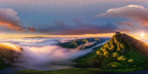 looking out through a gap in the densely forested hills of Japan. View from the height of a 3rd story balcony. Lightly shrouded in patches of mist, at dawn. The sun filters soft pink and yellow light through the air. Birds can be seen flying in the distance. Calm, uplifting atmostphere.