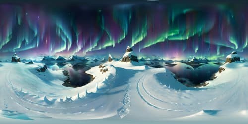 Ultra HD quality, Skyrim-inspired VR360 masterpiece, breathtaking mountains, mystical auroras, ancient Nordic runes, serene lakes. Emulate Elder Scrolls' style, blend epic grandeur, detailed texture work.