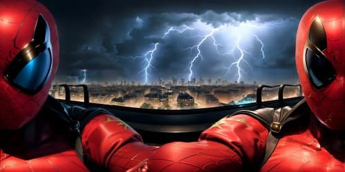 Spiderman on a Paris rooftop drinking wine and watching the lightning storm.