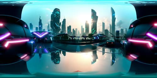 VR360 panorama, megacity skyline at dusk, neon lights flare, colossal skyscrapers, futuristic chrome details. Cyberpunk style infusion, high contrast colors, ultra high-res rendering. VR360 masterpiece - cyber-inspired geometrical precision, glossy reflections.