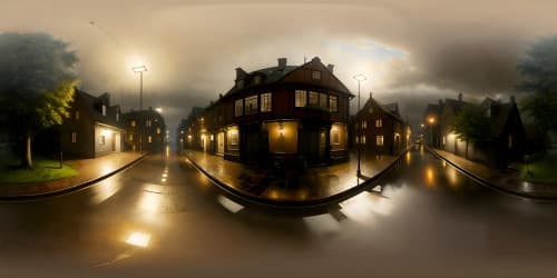 VR360 noir cityscape at night, superlative quality, VR360 masterpiece, ultra high-resolution, torrential rain, melancholic fog, thick mist, ominous dark clouds, vacant streets from above, spectral sky-view