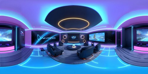 VR360 gaming room, masterpiece, ultra-high-res, luxurious detailing, high-tech gear, Pixar-style, neon lighting effects, interactive gaming consoles, vibrant LED screens, sleek futuristic furniture. VR360 ultra-modern aesthetics, 3D cartoonish textures, LED-lit hi-tech VR gear.