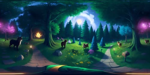 2 bos with cats in dense ainy dark forest