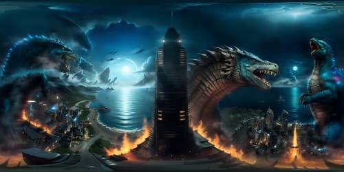 Ultra high-res VR360 view, majestic Godzilla towering over glimmering sea, photorealistic rendering. Impeccable details, masterpiece quality, deep sea hues merging with Godzilla's silhouette, mesmerizing VR360 panorama.