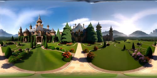 VR360 view of magnificent mansion, stately grandeur, intricate architectural details, high-resolution textures. Polished marble floors, towering crystal chandeliers. VR360 view of picturesque garden, verdant foliage, blossoming flowers. Classic masterpiece art style infused with Pixar-style charm.
