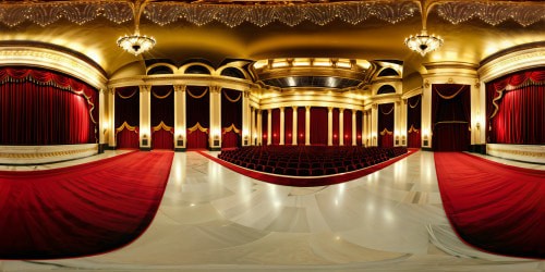 A flawless grand theater hall exuding opulence, with resplendent red velvet curtains, ornate gold accents, polished marble floors gleaming under the warm glow of crystal chandeliers, boasting flawless acoustics in ultra-high resolution splendor.