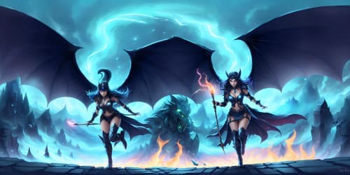 black female sorceress riding a winged dragon spitting ice shards in a fantasy landscape. the sorceress holds a flaming staff