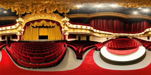 A sumptuous, flawless theater stage adorned with intricate gold leaf details, cascading velvet curtains, and elaborate chandeliers casting warm glows, with luxurious red velvet seats in a cascading auditorium beneath a starlit ceiling.