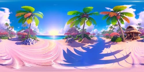 VR360 tropical beach essence, cerulean waves roar, pink sands, marbled sky at golden hour. Palm trees fringes, faint sea shells patterns, vibrant coral reefs visible beneath crystal waters. Flamboyant, hyper-realistic Pixar style, high-res textures, light refraction mastery for a VR360 dive into paradise.