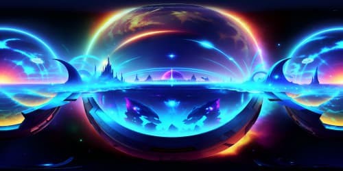 Unearthly VR360 planet seascape, alien marine life, dolphin-like forms. Extraterrestrial terrain, exotic aquatic flora. Fantastic blend of sci-fi, surreal, VR360 detail in ultra HD. Stunning masterpiece, high-resolution, profound depths.