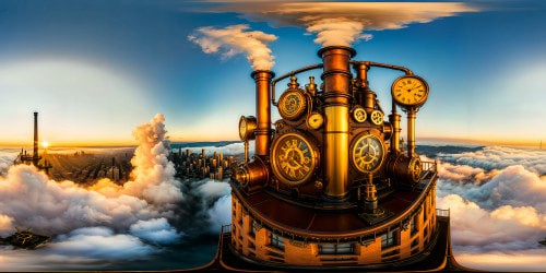 vibrant ultra-high-resolution 3D rendering of a bustling steampunk cityscape, intricate brass clockwork mechanisms, towering smokestacks emitting billowing steam, warm golden-hour sunlight casting a mesmerizing glow over the grand metropolis, a true digital masterpiece.