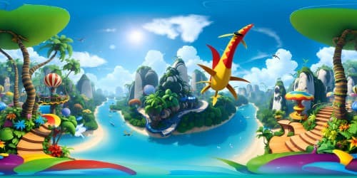 rainforests. there are floating islans in the sky and a flying Pterosaur