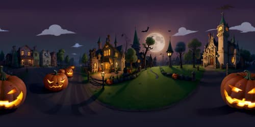 Masterpiece VR360, Zootopia-themed Halloween, ultra-high-resolution moonlit cityscape, pumpkin-lit streets, whimsical building silhouettes. Spooky yet endearing atmosphere, Pixar-style detailing, immersive VR360 animation effects.