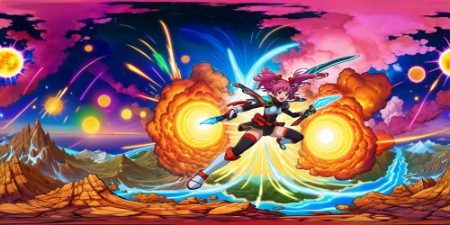 Epic battle scene in the ethereal World of Void, crackling energy auras, dazzling neon blasts, dynamic explosions frozen in time, cosmic backdrop with shattered planet fragments, radiant colors bursting forth in unparalleled ultra high res detail, capturing the essence of a flawless manga masterpiece.