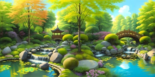 breathtakingly beautiful japanese garden, water features, stones, moss, sloths