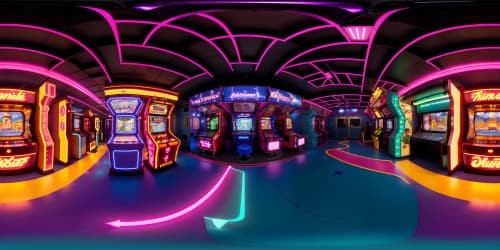 Ultra high-resolution, pink neon-lit game room, VR360 masterpiece. Hyper-realistic, vintage arcade machines, neon signage, holographic interface, VR360 vibrant retro aesthetic.