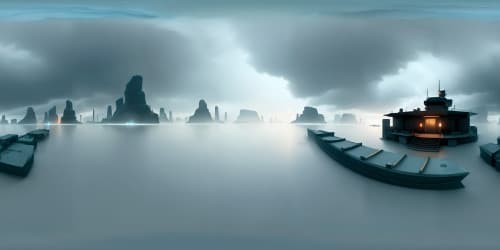 Chinese ink masterpiece, ultra-high res VR360, misty clouds permeating. Solitary boat, drifting in cold tranquil river, best quality traditional scenery, classical touch. Vibrant VR360 play of light, shade, and form.