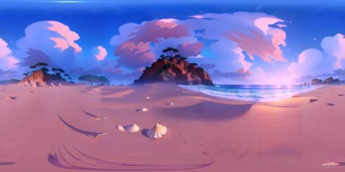 VR360 spectacle, masterpiece-quality, ultra HD resolution beach, playful surf, exotic seashells scattered, sunlit sand textures, pixar-style. VR360 sea horizon, soft pastel sunset, saltwater glow, delicate cloud formations, digital painting.