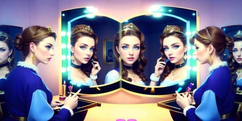  trio of 40 year old princesses_looking at mirror_at makeup table_putting on makeup_wearing white fur coats_wearing black garments_wearing gold hoop earrings_wearing shimmering pink lip gloss_one has blue eyes_two of them have brown hair_they are squatting_close up of armpit_wearing tiara