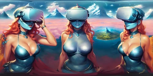 VR360 scene, towering mountains, veiled in mists. Sparkling diamond-like snow caps. Painting-like quality, ultra-high res, fantasy art style. Mystic floating islands. VR360, surreal contrasts, vivid hues, masterpiece tapestry of shades.