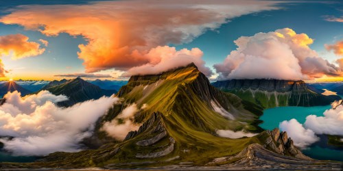 A flawless, ultra-high resolution VR360 landscape capturing a hidden lake cradled amid enchanting mountains, where floating wyverns grace the distant horizon. The radiant sunset hues wash the sky with pastel clouds, illuminating the mystical scene, merging the realms of fantasy and artistry seamlessly.