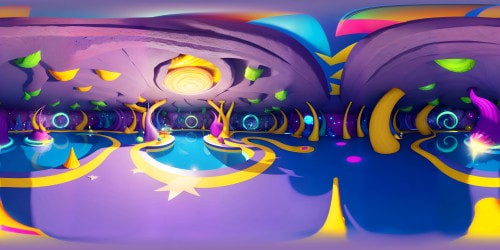 VR360 view of crystal cavern, iridescent stalactites reflecting on pristine lake, luminescent gems embedded in walls. Ultra high-res masterpiece. VR360 scene delicately textured, exuding fantastical realism. Crystal-clear water detailing, ethereal light play.