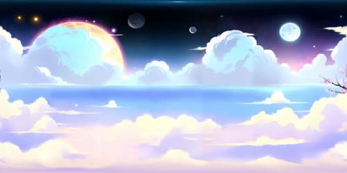 Anime-inspired VR360 masterpiece, grand celestial background, cherry blossom petals in the wind, floating islands, glowing emerald hues. Starry twilight, moonlit clouds swirling, VR360 perspective enchanting. Ultra-high-resolution textures, detailed anime-style outlines, vibrant colors.