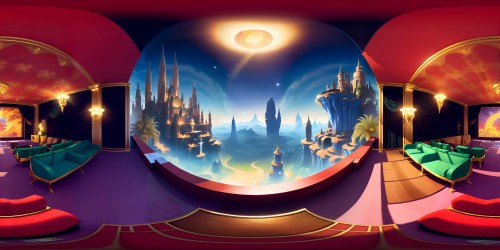 Premium movie theatre setting, plush red velvet seats, grand silver screen. Gleaming gold accents, ornate art-deco designs, majestic chandeliers. Posh,  ultra high-res VR360 ambience. Luxe, multi-layered VR360 textures, elegant Pixar-style.