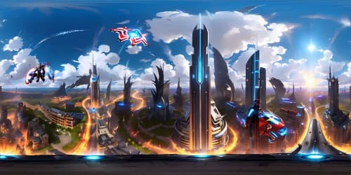 VR360, Marvel-inspired, Avengers tower, brilliant lights, imposing structure, panoramic cityscape, ultra high-resolution, masterpiece-quality, digital painting style.