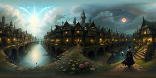 Masterpiece quality, ultra high definition, VR360 vampire town. Gothic architecture, cobblestone streets, moonlit sky. Intricate, brooding, eerie. In the foreground, dramatic, towering spires. Fantasy art style mixed with digital painting.