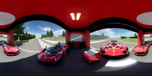 VR360 ultra-modern Ferrari Formula 1 garage, pristine mechanical marvels, sparkling metalwork, intricate car components. VR360 futuristic tool stations, sleek sophistication, ultra-high-resolution Pixar-style. Enhanced hyperrealism, meticulous detailing, optimum quality, masterpiece setting. Rich red Ferrari, speed symbol, glistening in spotlight+VR360.